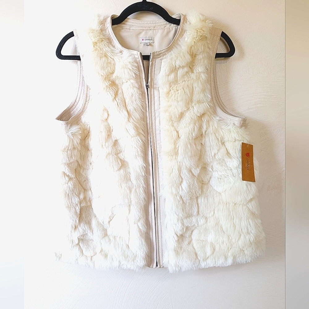 CREMIEUX Faux Fur Ivory Vest, Full Zipper Front, Vegan Leather Trim, Size M